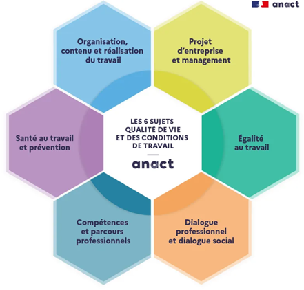 Les six sujets de la qualité de vie et des conditions de travail selon l'ANACT Projet d'entreprise et management Egalité au travail Dialogue professionnel Compétences et parcours professionnels Santé au travail et prévention Organisation, contenu et réalisation du travail